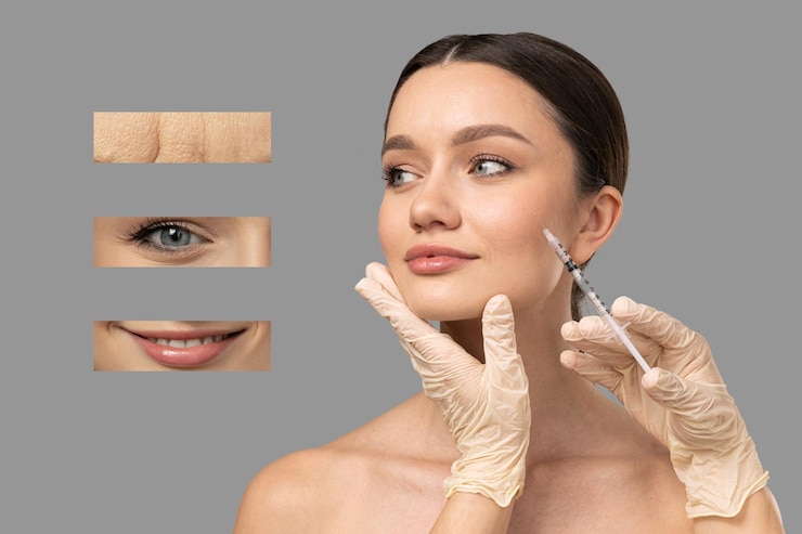 Foto botox skin care uma menina recebe uma injeção de botox em um fundo claro