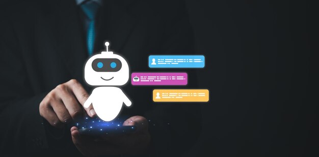 Foto los bots de chat, la inteligencia artificial y la era digital ofrecen soporte las 24 horas del día, el servicio al cliente, los recursos humanos, las empresas, la información, la tecnología en línea.