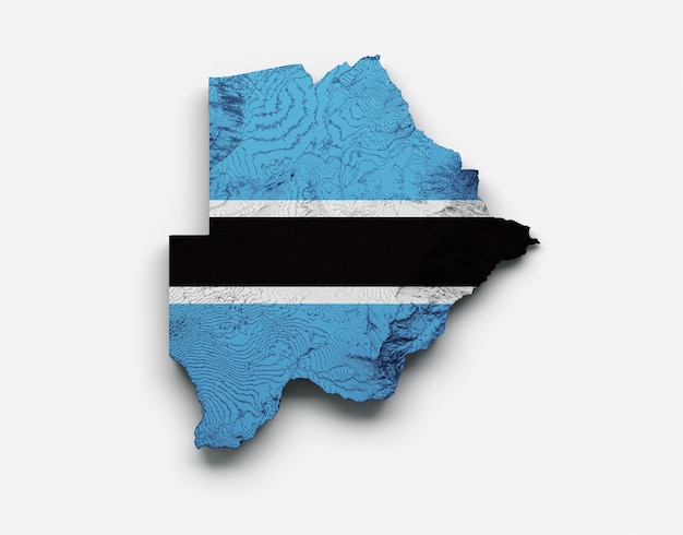 Botswana-Karte Botswana-Flagge Schattierte Relieffarbe Höhenkarte auf weißem Hintergrund 3D-Darstellung