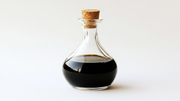bottle of black vinegar on a wooden table with a dark background for culinary and cooking purposes