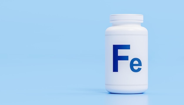 Bottle de suplemento de hierro ferrum Fe Mineral esencial Beneficio para la salud Fondo azul Apoyo nutricional Necesidades del cuerpo humano Mantenimiento de la salud de la sangre Prevención de la deficiencia Cuidado de bienestar