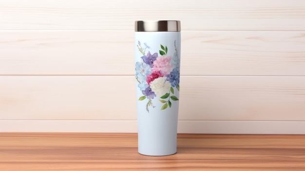 Bottle tumbler floral em mesa de madeira