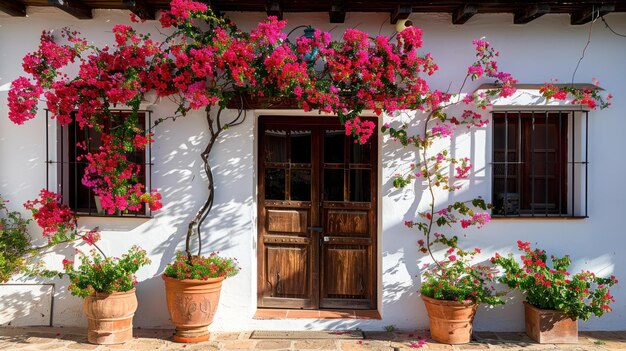 Bougainvillea plantas em um pote de barro fica no terraço de uma casa espanhola rústica clássica