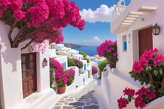 Bougainvillea Santorini pueblo blanco muy hermoso