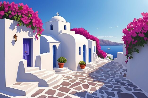 Foto bougainvillea santorini weißes dorf wunderschön