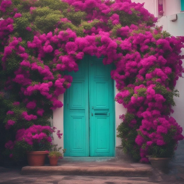 Bougainvillea und türkisfarbene Tür