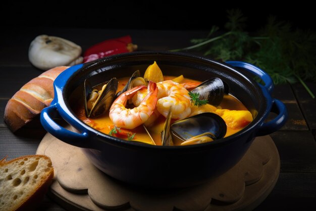 Bouillabaisse aromático com um toque de açafrão em um pote de cerâmica vintage