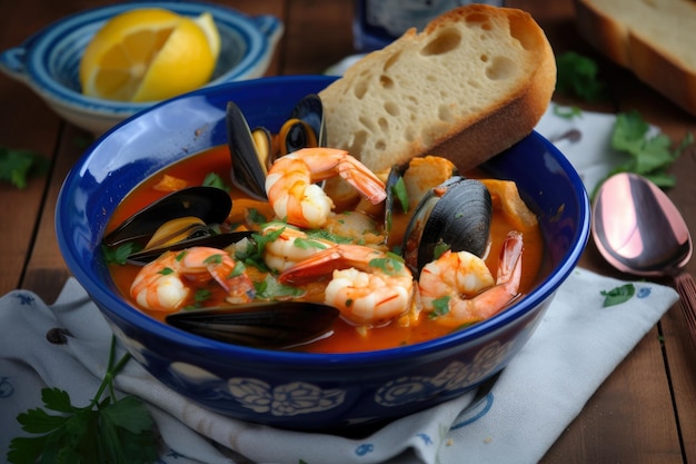 Bouillabaisse en un cuenco de cerámica azul con rebanadas de baguette y gambas al lado