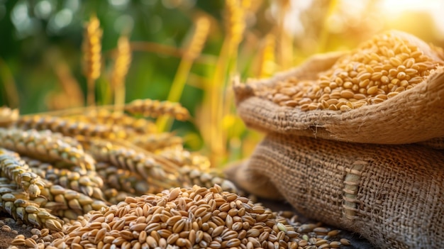 Bounty de colheita transbordando saco de lã de grãos de trigo senta-se no fundo do primeiro plano de campos de trigo dourados banhados na luz quente e brilhante que simboliza a abundância da estação de colher