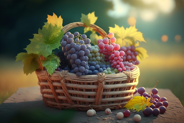 Bounty of the Vineyard Uvas rojas y verdes en una canasta tejida