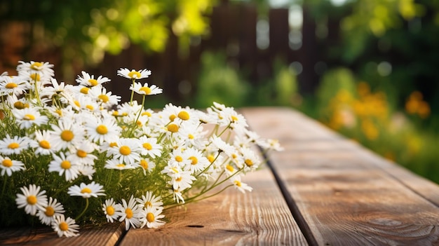 Foto bouquet aus frischen gänseblümchen auf einem holztisch im freien mit grünem waldhintergrund