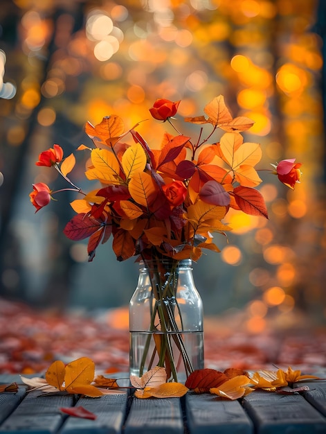 Bouquet aus Herbstblättern in einer durchsichtigen Vase von hoher Qualität