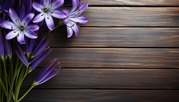 Bouquet aus lila Blumen auf einem hölzernen Hintergrund Platz für Text