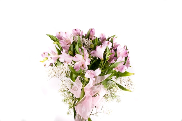 Bouquet aus purpurfarbenen kleinen Blumen in einer Vase, die auf Weiß isoliert ist