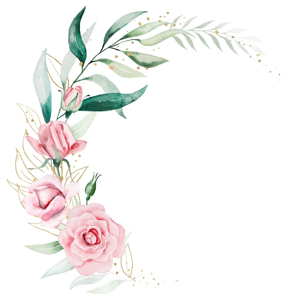 Bouquet aus rosa Aquarellblumen und grünen Blättern Hochzeit und Begrüßungsillustration