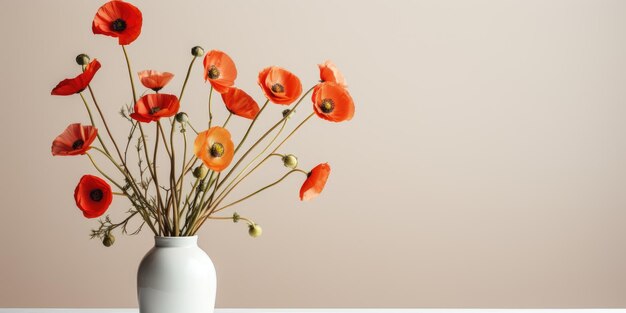 Bouquet aus roten Mohnblumen in einer weißen Vase auf einem hellen Hintergrund Generative KI