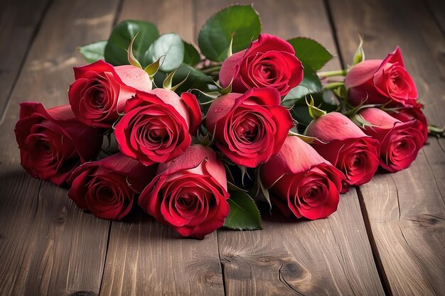 Bouquet aus roten Rosen auf hölzern rustikalen Hintergrund