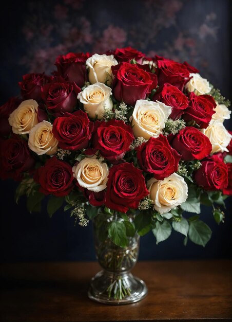 Bouquet aus roten und weißen Rosen in einer Vase auf dem Tisch ai generative