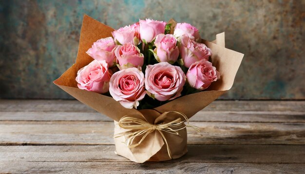 Bouquet aus schönen rosa Rosen, eingewickelt in Handwerkspapier auf dem Tisch