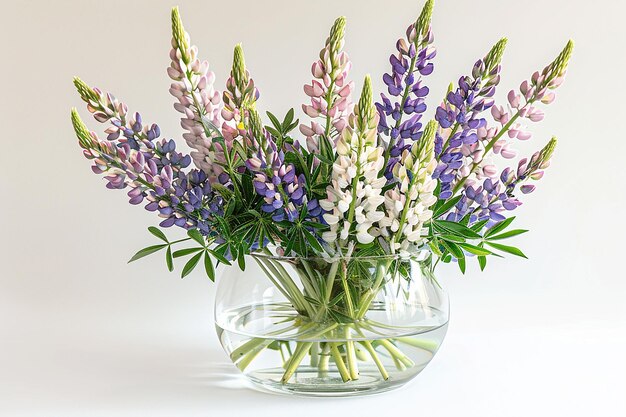 Foto bouquet aus verschiedenen lupinen in einer breiten durchsichtigen vase auf weißem hintergrund