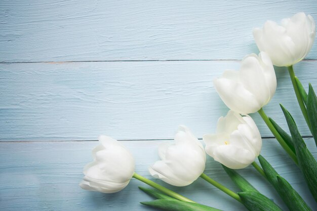 Bouquet aus weißen Tulpen auf hölzernem Hintergrund Flach gelegene Top-View-Kopie-Raum Ostern- oder Muttertags-Grüßkarte