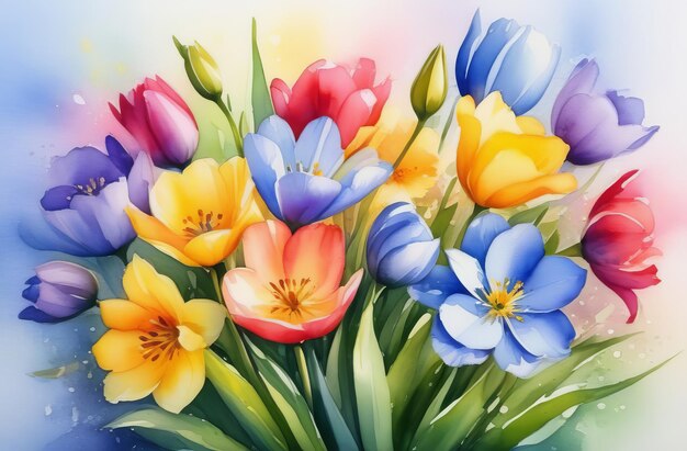 Bouquet brilhante de flores de primavera aquarela cores pastel AI gerado