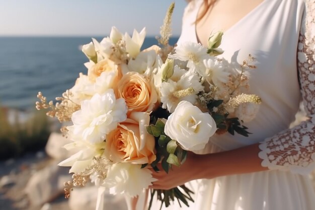 un bouquet chic en las manos de una novia en un vestido blanco bouquet de boda de lujo