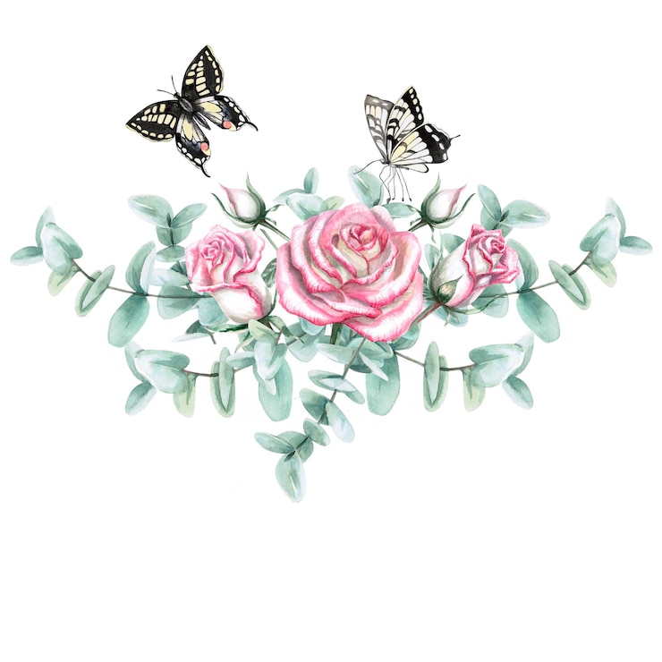 Foto bouquet com rosas folhas de eucalipto e borboletas em aquarela ilustração desenhada à mão para