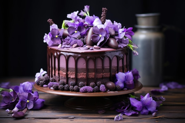 Bouquet, das Schokoladenkuchen mit lila Blumen backt