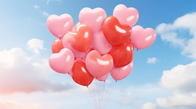 Bouquet de 100 balões em forma de corações nas nuvens no céu com nuvens pronunciadas fotografia de filme em um estilo romântico