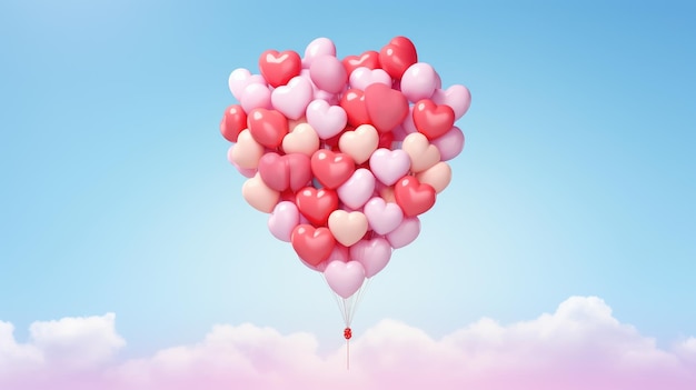 Bouquet de 100 balões em forma de corações nas nuvens no céu com nuvens pronunciadas fotografia de filme em um estilo romântico