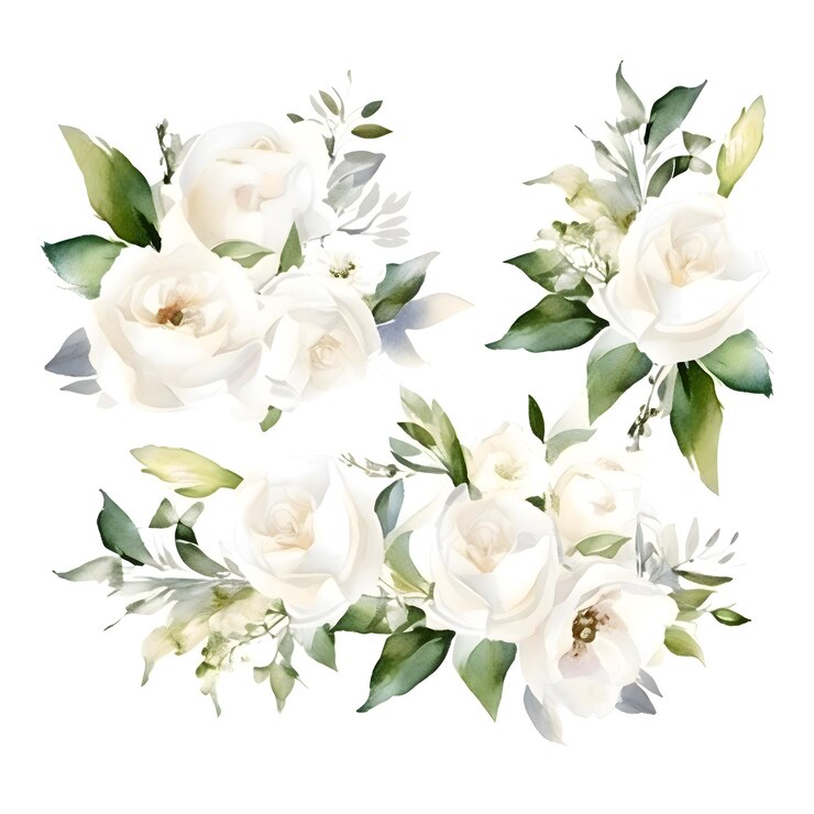 Bouquet de aquarela de rosas brancas e folhas verdes isoladas em fundo branco