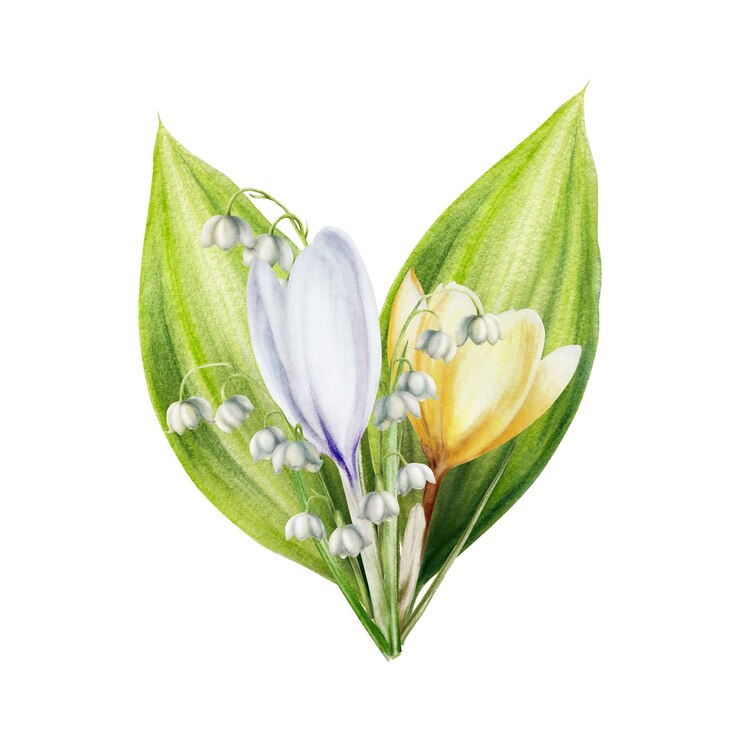 Foto bouquet de aquarelas de crocus em flor amarelo e branco e lírio das flores do vale isoladas em