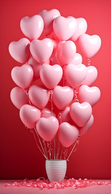 Bouquet de balões em forma de coração rosa em um fundo vermelho