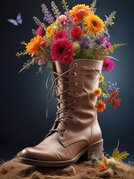 Foto bouquet de belas flores em sapatos de couro