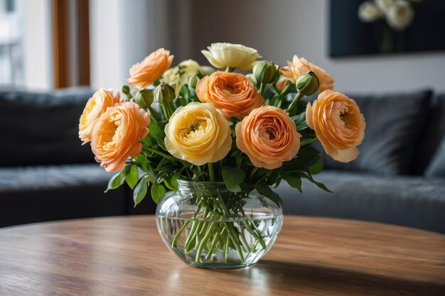 Bouquet de belos ranúnculos na mesa da sala de estar