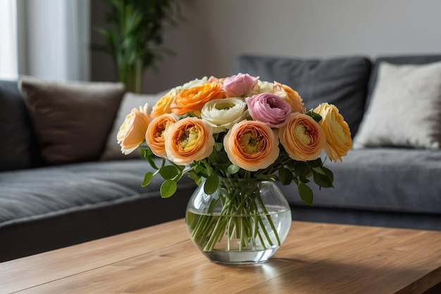 Bouquet de belos ranúnculos na mesa da sala de estar