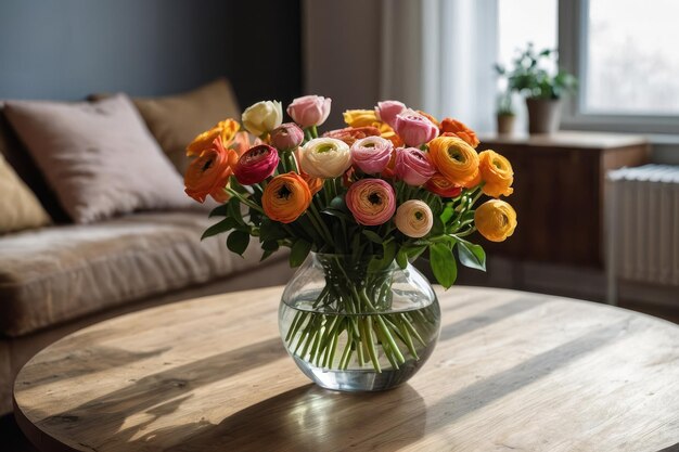 Bouquet de belos ranúnculos na mesa da sala de estar