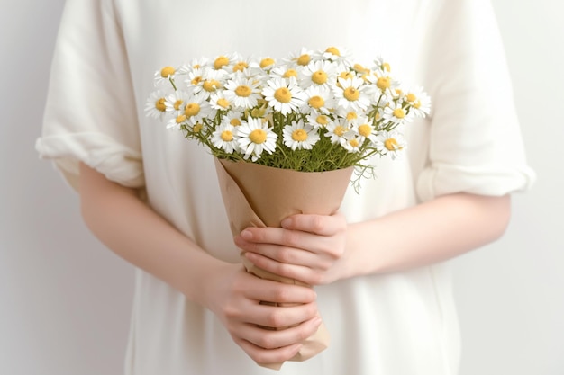 Bouquet de camomila delicadamente segurado na mão feminina em fundo branco