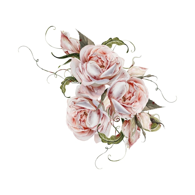 Bouquet de casamento a aquarela com rosas, flores e folhas