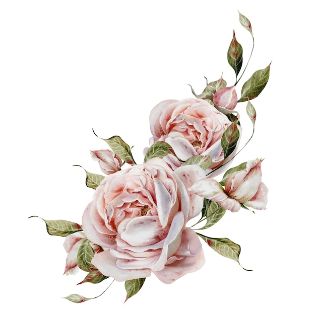 Bouquet de casamento a aquarela com rosas, flores e folhas