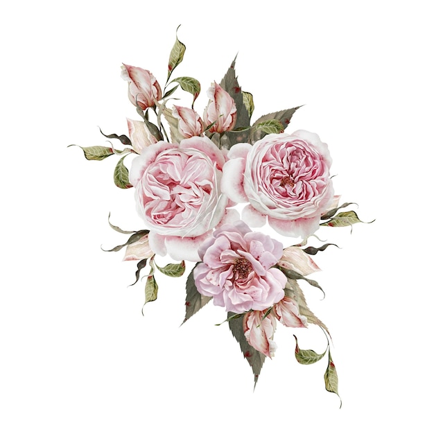 Bouquet de casamento a aquarela com rosas, flores e folhas