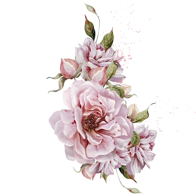 Bouquet de casamento a aquarela com rosas, flores e folhas