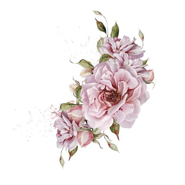 Bouquet de casamento a aquarela com rosas, flores e folhas