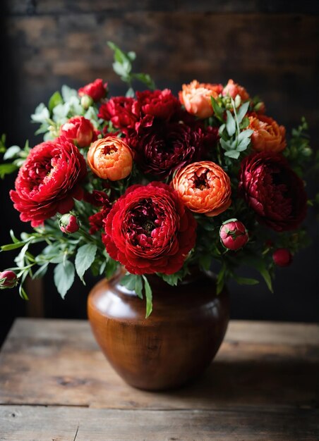 Bouquet de casamento com peônias vermelhas e brancas e rosas ai generativo