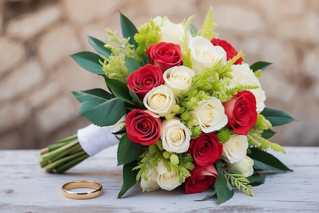 bouquet de casamento e anéis recém-casados