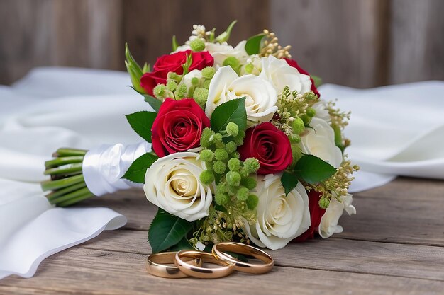 bouquet de casamento e anéis recém-casados