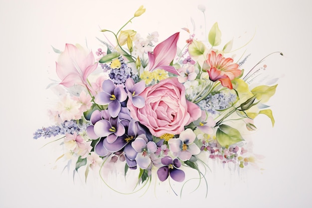 Bouquet de casamento em estilo aquarela floral pastel Isolado e editável Cores suaves Flores e folhas