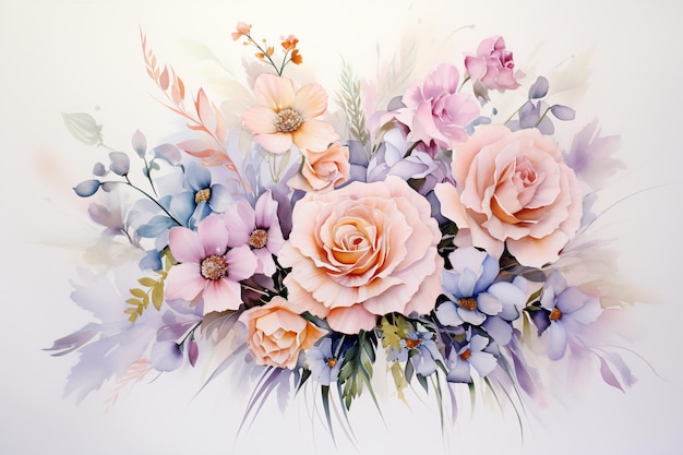 Bouquet de casamento em estilo aquarela floral pastel Isolado e editável Cores suaves Flores e folhas