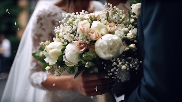 Bouquet de casamento nas mãos da noiva e do noivo no dia do casamento Closeup Generative AI